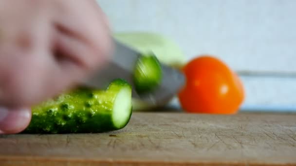 切片新鲜黄瓜一只手的特写 — 图库视频影像
