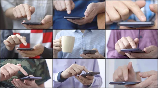 Medienwand mit Nahaufnahme der Hände eines Mannes mit Smartphone. — Stockfoto