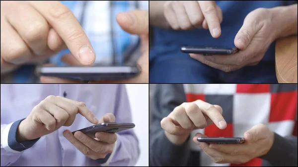 Media wall with closeup hands of a man using smartphone. — Stock Photo, Image