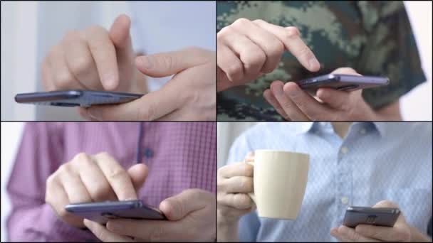 Ściana medialna z bliskimi dłońmi mężczyzny za pomocą smartfona. — Wideo stockowe