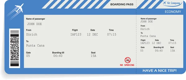Flygbolaget boardingkort biljett i blå färg. — Stock vektor