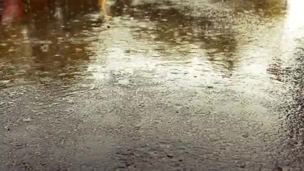 Des éclaboussures de pluie frappent l'asphalte. — Video