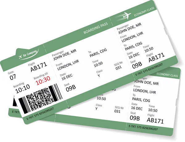 Modèle vert de deux billets de carte d'embarquement pour voyager en avion. — Image vectorielle