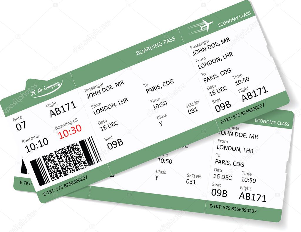 Green pattern of two airline boarding pass tickets for traveling by plane.