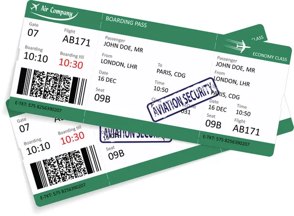 Modèle vert de deux billets de carte d'embarquement pour voyager en avion. — Image vectorielle