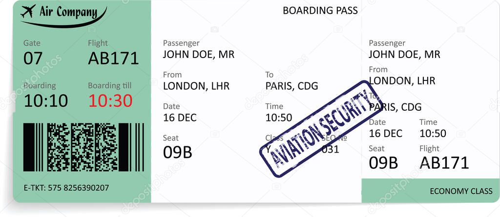Vector template of a green airline boarding pass ticket.