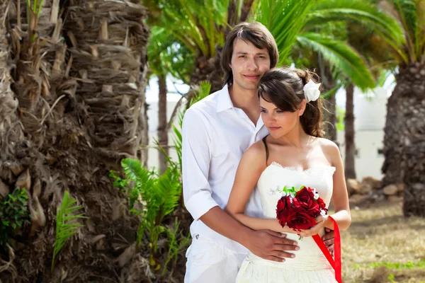 Braut und Bräutigam in Palmennähe — Stockfoto