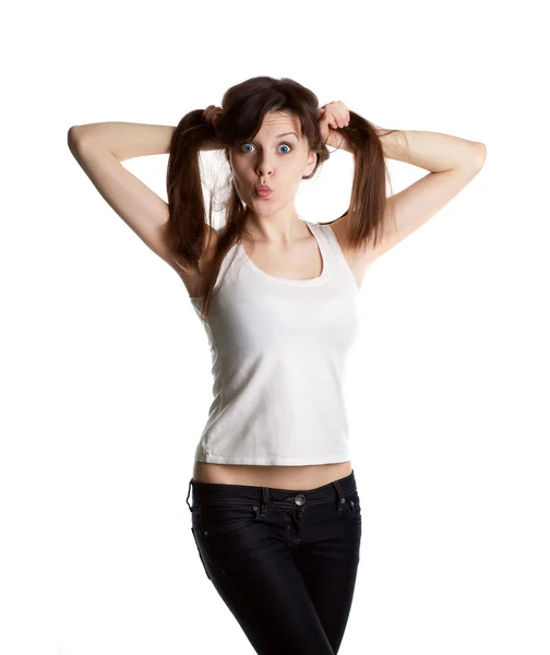 Woman in white t-shirt — Stock Photo, Image