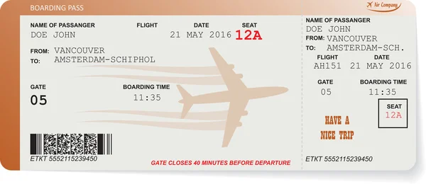 Modèle de billet d'avion d'embarquement — Image vectorielle