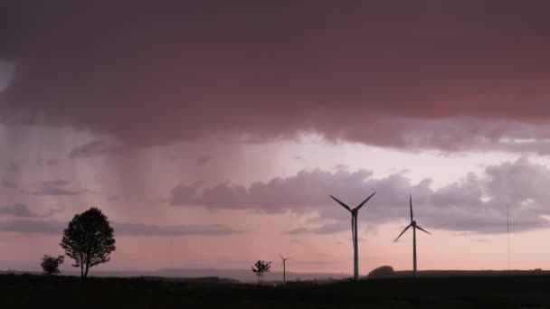 落日雨云背景下的地面风力涡轮机 — 图库视频影像