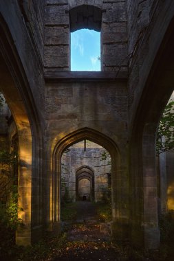İskoçya 'daki Dunmore House harabelerinin iç manzarası. Kemerli taş kapılar ve yumuşak akşam ışığı terk edilmiş binanın içinde büyüyen bitkilerle antik duvarları aydınlatıyor.. 