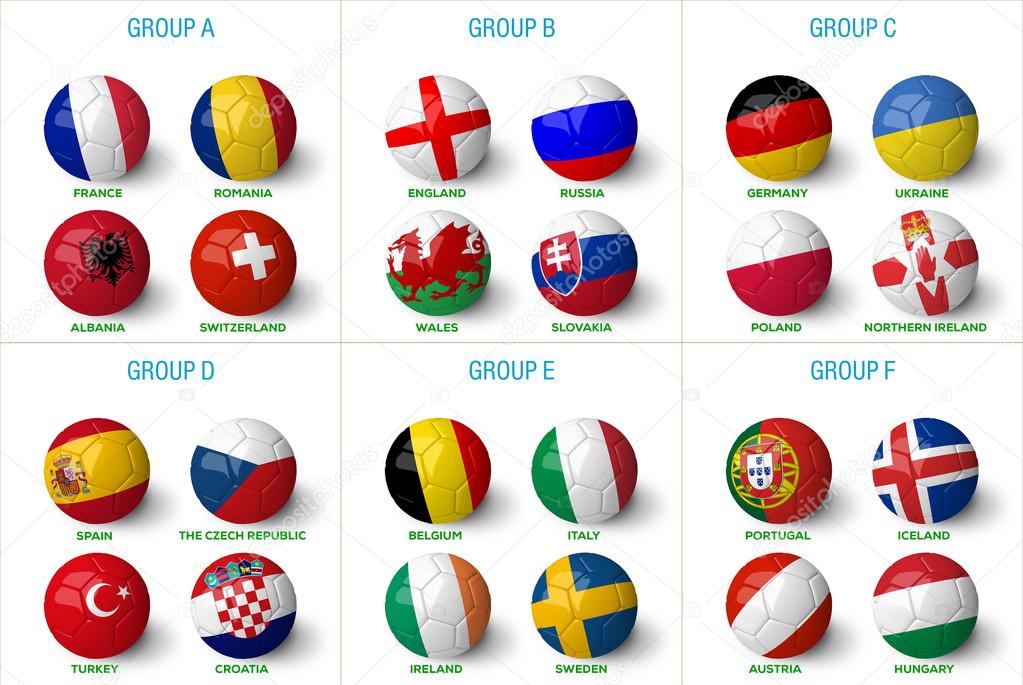 Euro 2016 France groups. Soccer balls with world flags on them isolated on white background and much more.