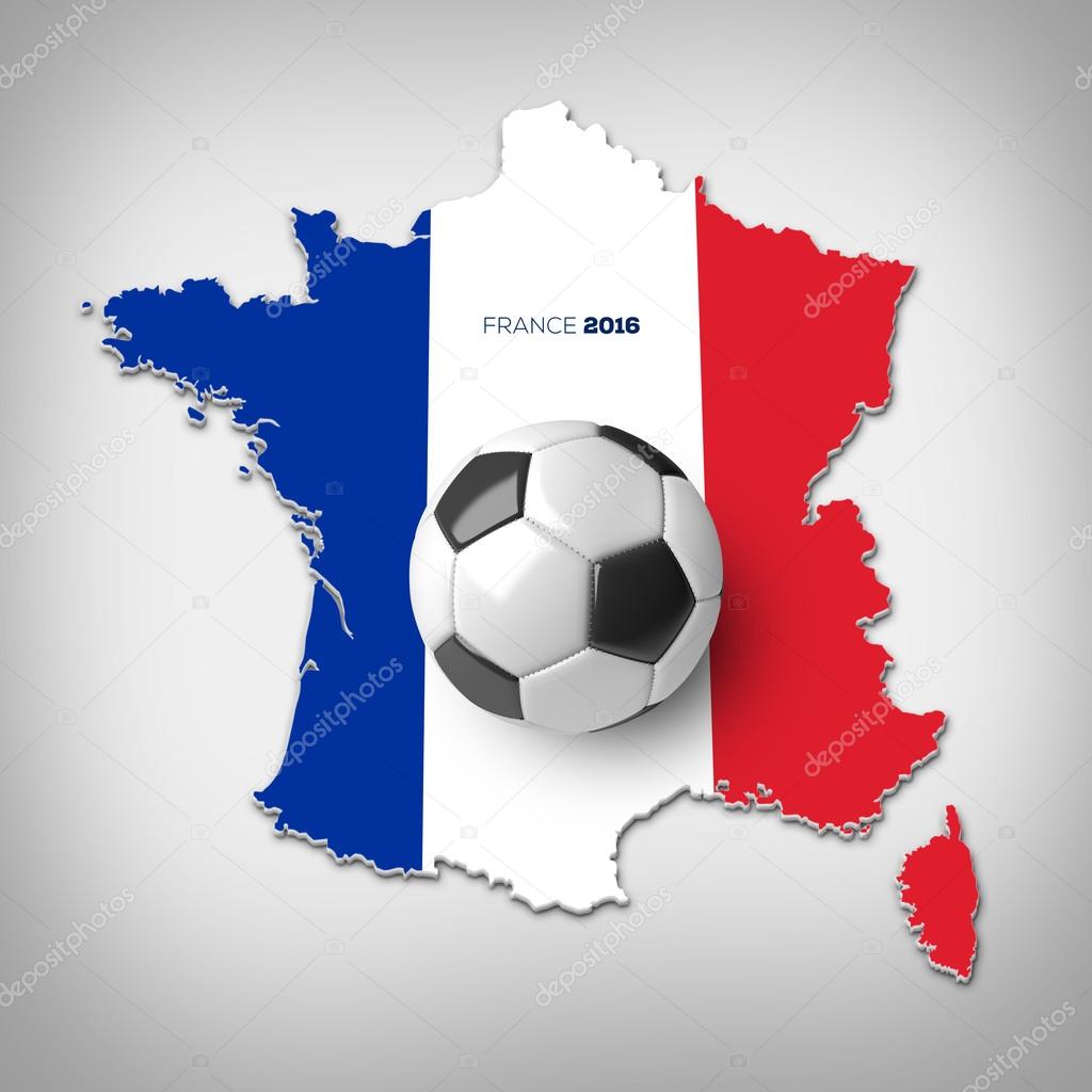 A soccer ball on a France map with a France flag.