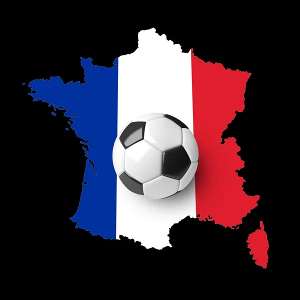 Футбольный мяч на карте Франции с флагом Франции, изолированным на темном черном фоне . — стоковое фото