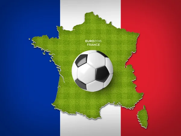 Футбольный мяч на карте Франции с зеленой полосатой текстурой футбольного поля на флаге Франции . — стоковое фото