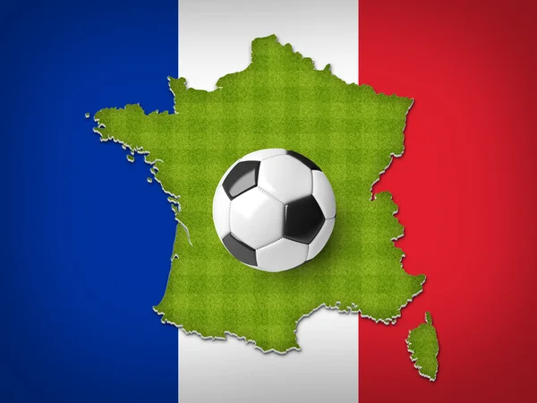 Футбольный мяч на карте Франции с зеленой полосатой текстурой футбольного поля на флаге Франции . — стоковое фото