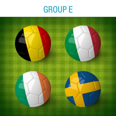 France 2016, group E. Balls with Belgium, Italy, Republic of Ireland and Sweden flags on stripped green soccer field.