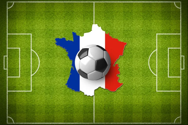 Conceito para Euro 2016 Campeonato de futebol da França. Uma bola de futebol num mapa da França com uma bandeira da França . — Fotografia de Stock