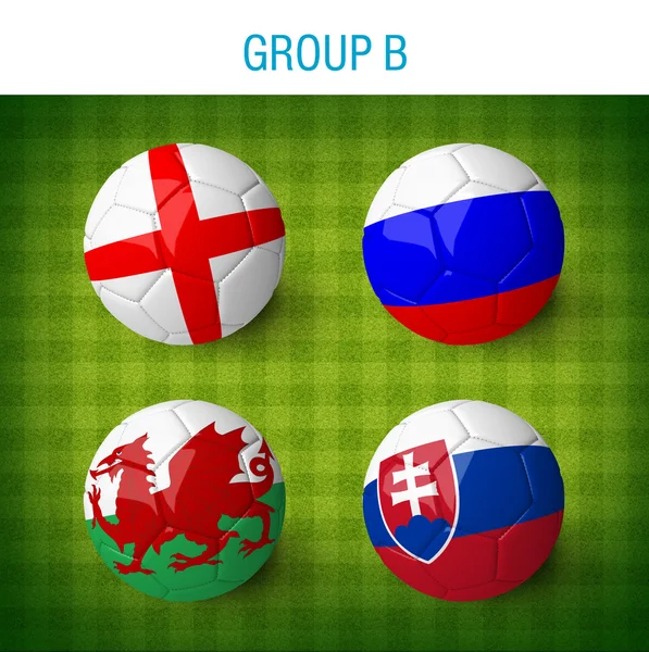 France 2016, группа B Мячи с флагами Англии, России, Уэльса и Словакии на зеленом футбольном поле . — стоковое фото