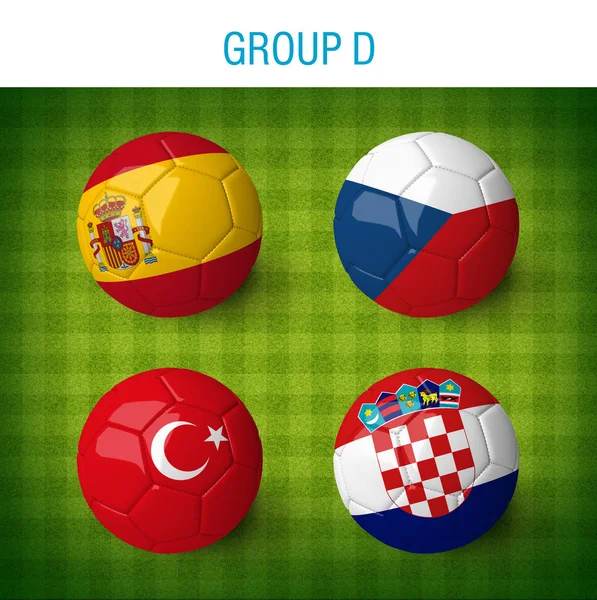 France 2016, group D. Balls with Spain, Czech Republic, Turkey and Croatia flags on stripped green soccer field. — Stockfoto