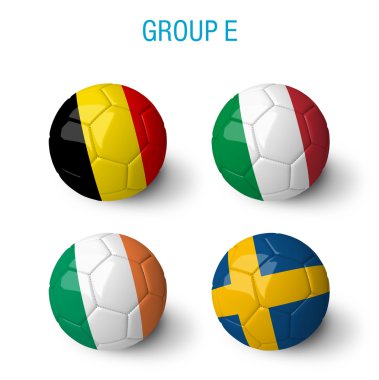 France 2016, group E. Balls with Belgium, Italy, Republic of Ireland and Sweden flags isolated on white background.