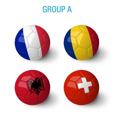 France 2016, group A. Balls with France, Romania, Albania and Switzerland flags isolated on white background.