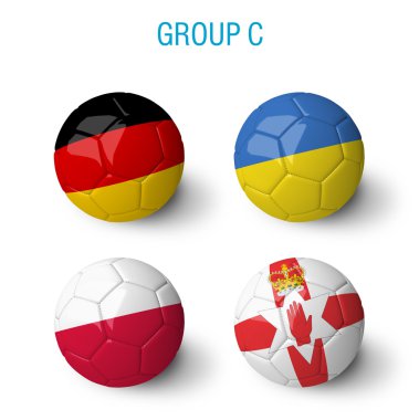 France 2016, group C. Balls with Germany, Ukraine, Poland and Northern Ireland flags isolated on white background.