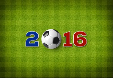 2016 metin yukarıdan beyaz çizgiler ile yeşil çizgili futbol sahası üzerinde bir Fransa bayrağı renklerle bir futbol topu.
