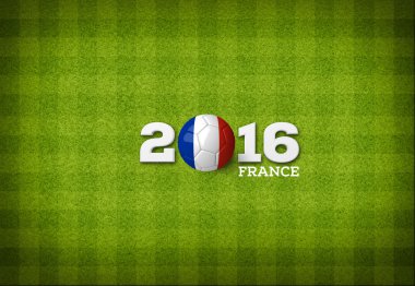 2016 metin yukarıdan beyaz çizgiler ile yeşil çizgili futbol sahası üzerinde bir Fransa bayrağı renklerle bir futbol topu.