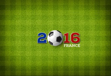 2016 metin yukarıdan beyaz çizgiler ile yeşil çizgili futbol sahası üzerinde bir Fransa bayrağı renklerle bir futbol topu.