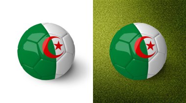3d realistic soccer ball with Algeria flag on it isolated on white background and on green soccer field. See whole set for other countries.
