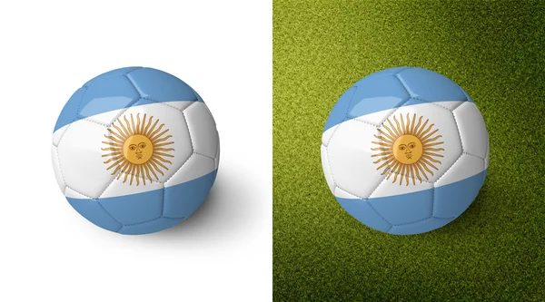 3d realistic soccer ball with Argentina flag on it isolated on white background and on green soccer field. See whole set for other countries. — Stockfoto
