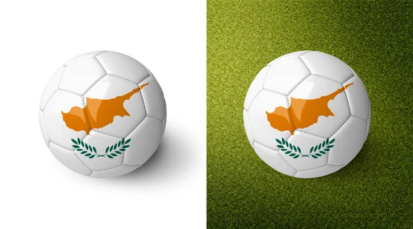3d realistic soccer ball with Cyprus flag on it isolated on white background and on green soccer field. See whole set for other countries. — Stockfoto