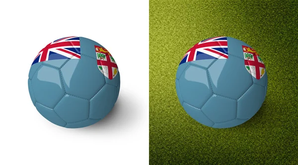 3d realistic soccer ball with Fiji flag on it isolated on white background and on green soccer field. See whole set for other countries. — Stockfoto