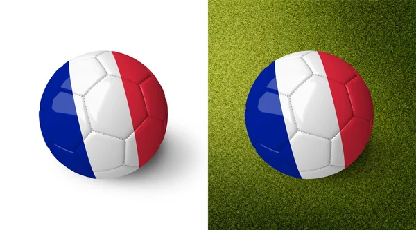 3d pallone da calcio realistico con bandiera Francia su di esso isolato su sfondo bianco e sul campo di calcio verde. Vedi set completo per gli altri paesi . — Foto Stock