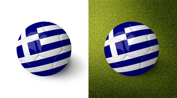 3d realistic soccer ball with Greece flag on it isolated on white background and on green soccer field. See whole set for other countries. — Stockfoto