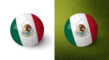 3d realistic soccer ball with Mexico flag on it isolated on white background and on green soccer field. See whole set for other countries.