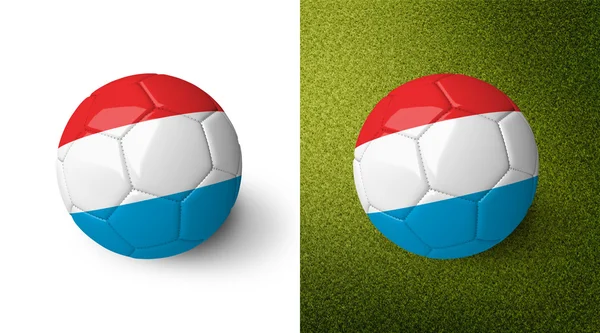 3d realistic soccer ball with Luxembourg flag on it isolated on white background and on green soccer field. See whole set for other countries. — Stockfoto