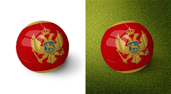 3d realistic soccer ball with Montenegro flag on it isolated on white background and on green soccer field. See whole set for other countries. — Stockfoto