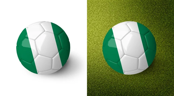 3d realistico pallone da calcio con bandiera nigeriana su di esso isolato su sfondo bianco e sul campo di calcio verde. Vedi set completo per gli altri paesi . — Foto Stock