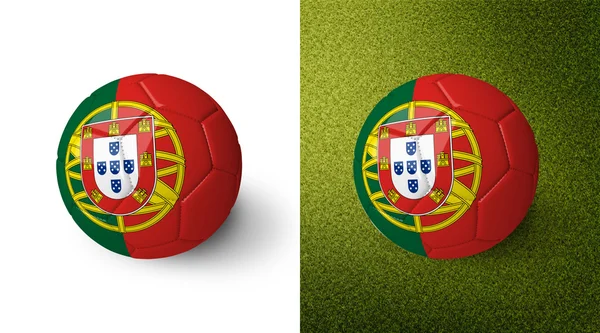 3d realistic soccer ball with Portugal flag on it isolated on white background and on green soccer field. See whole set for other countries. — Zdjęcie stockowe