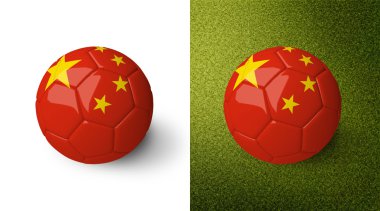 3d realistic soccer ball with the People's Republic of China flag on it isolated on white background and on green soccer field. See whole set for other countries.