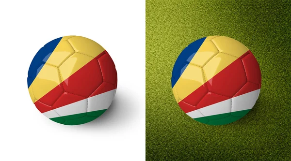 3d realistic soccer ball with the Seychelles flag on it isolated on white background and on green soccer field. See whole set for other countries. — Stockfoto