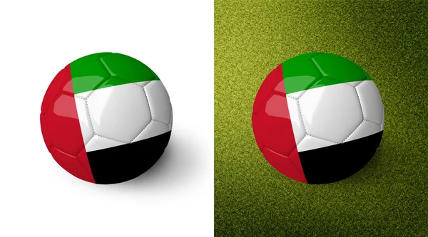 3d realistic soccer ball with the United Arab Emirates flag on it isolated on white background and on green soccer field. See whole set for other countries. — Stock Photo, Image