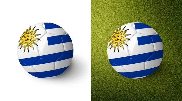 3d realistic soccer ball with Uruguay flag on it isolated on white background and on green soccer field. See whole set for other countries. — Stockfoto