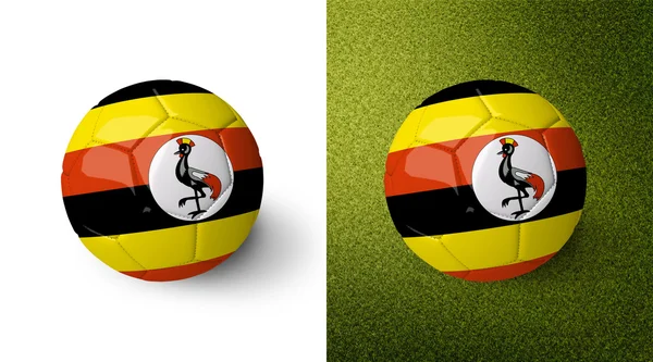 3d realistic soccer ball with Uganda flag on it isolated on white background and on green soccer field. See whole set for other countries. — Stockfoto