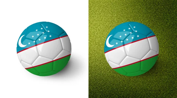 Pallone da calcio realistico 3d con bandiera Uzbekistan su di esso isolato su sfondo bianco e sul campo di calcio verde. Vedi set completo per gli altri paesi . — Foto Stock