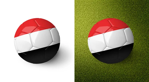 3d realistic soccer ball with Yemen flag on it isolated on white background and on green soccer field. See whole set for other countries. — Stockfoto