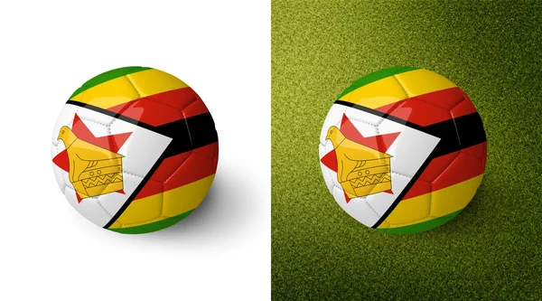 3d realistic soccer ball with Zimbabwe flag on it isolated on white background and on green soccer field. See whole set for other countries. — Stockfoto