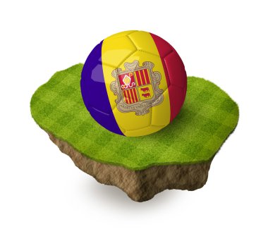 3d realistic soccer ball with the flag of Andorra on a piece of rock with stripped green soccer field on it. See whole set for other countries.